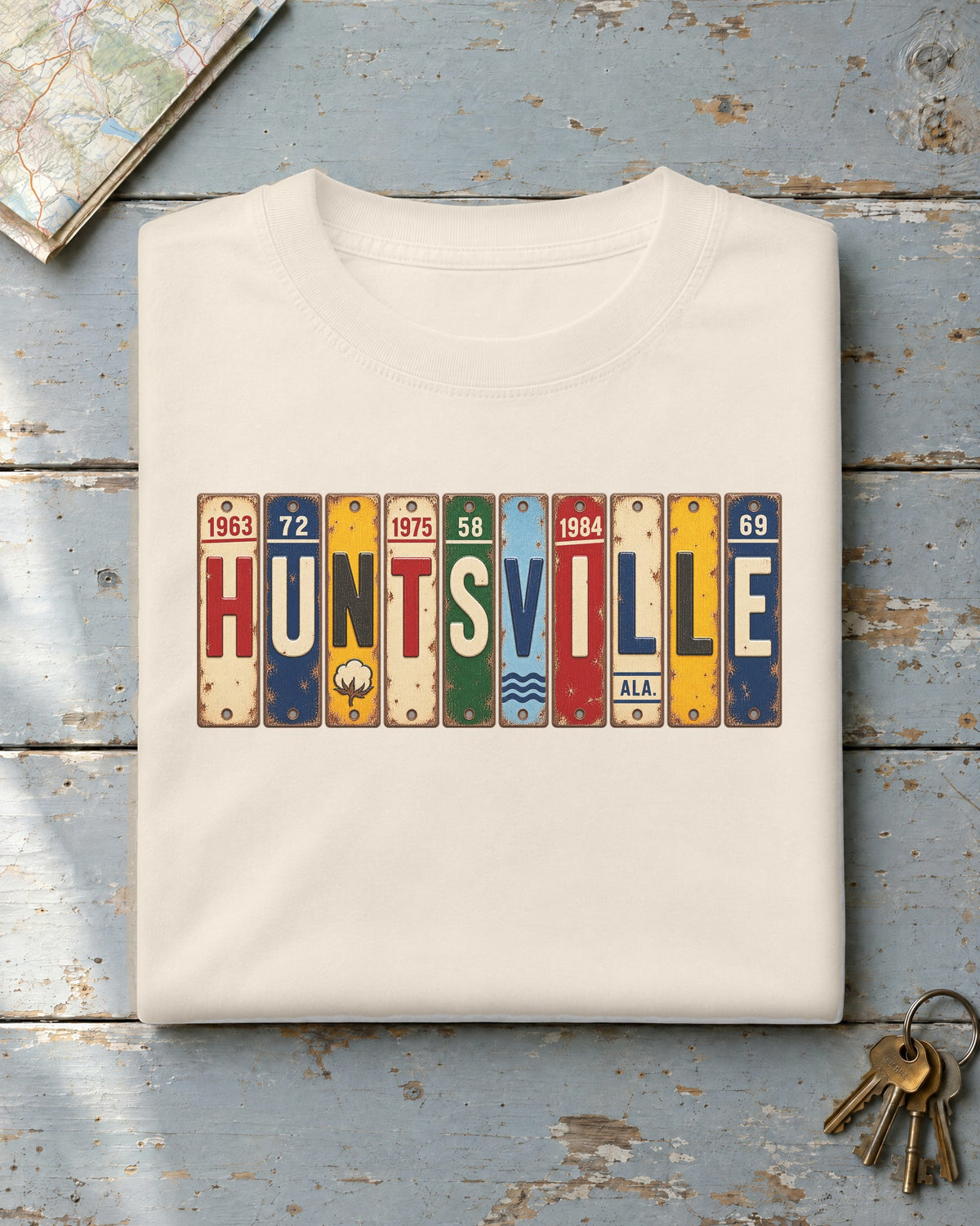 Huntsville, Alabama vintage license plate t-shirt in Ivory