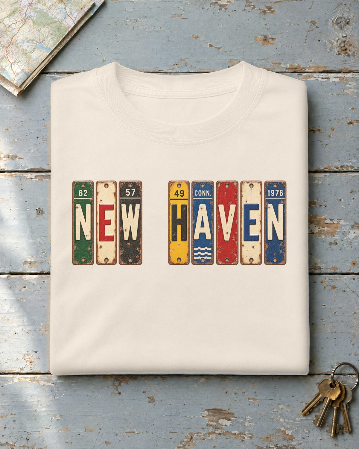 New Haven, Connecticut vintage license plate t-shirt in Ivory