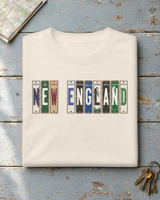New England vintage license plate t-shirt in Ivory