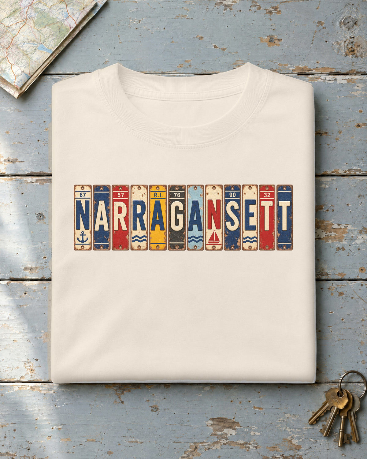Narragansett, Rhode Island vintage license plate t-shirt in Ivory