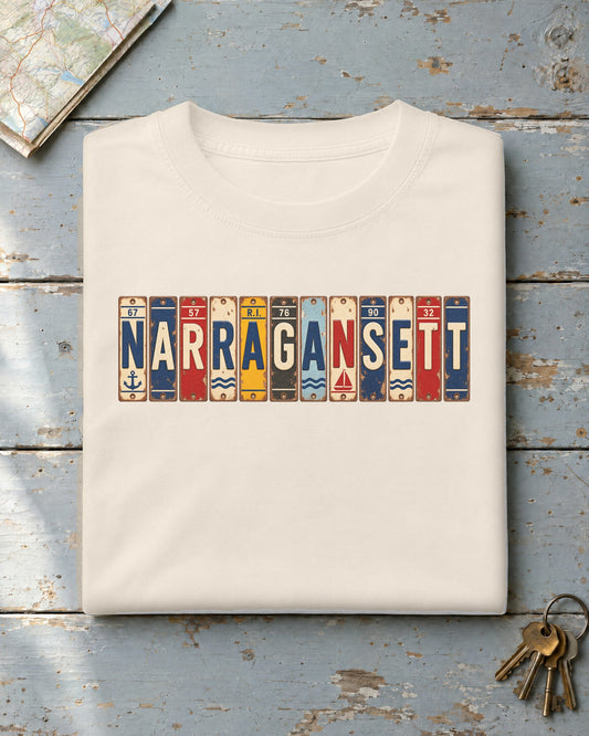 Narragansett, Rhode Island vintage license plate t-shirt in Ivory