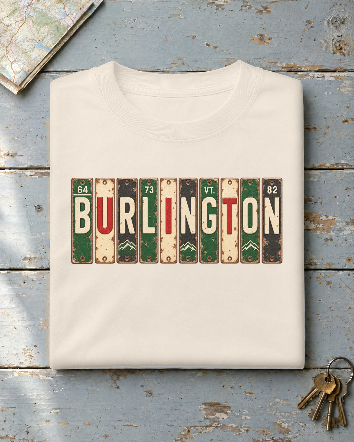 Burlington, Vermont vintage license plate t-shirt in Ivory
