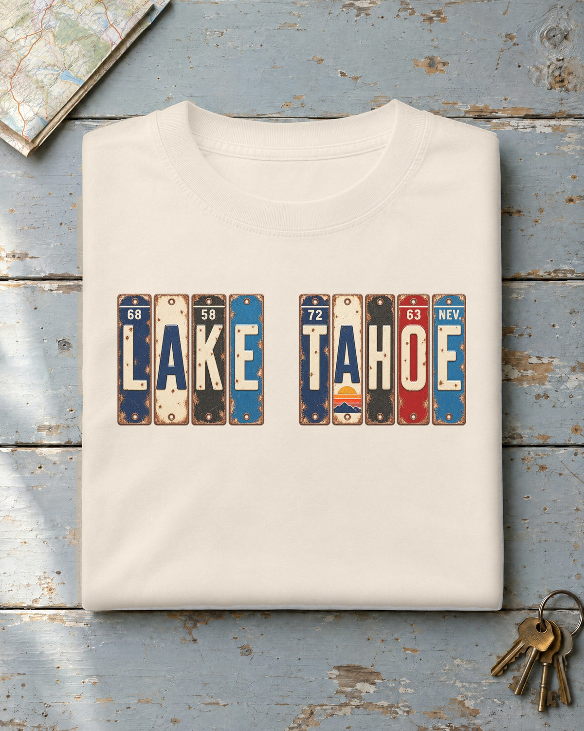 Lake Tahoe, Nevada vintage license plate t-shirt in Ivory