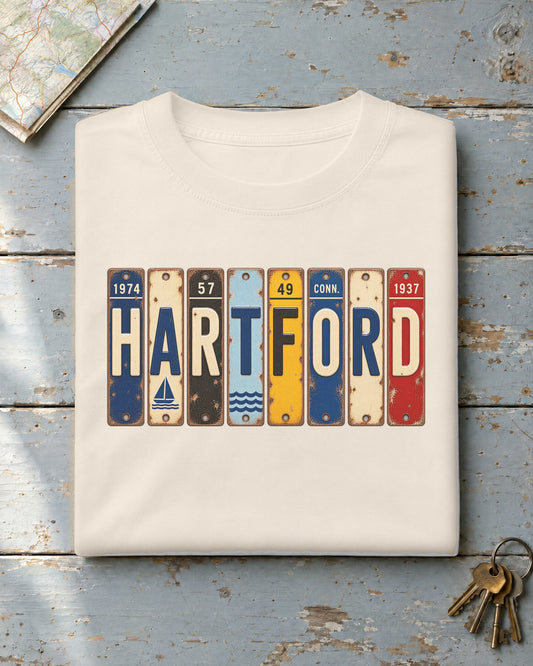 Hartford, Connecticut vintage license plate t-shirt in Ivory