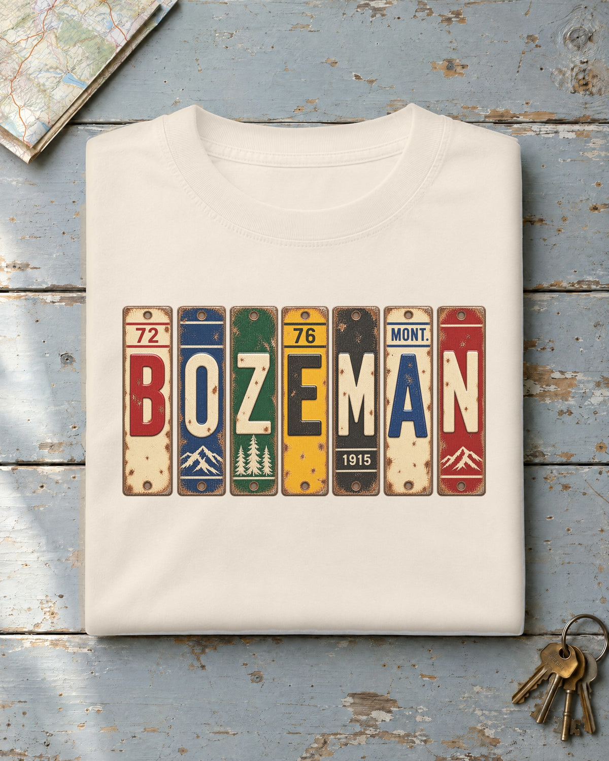 Bozeman, Montana vintage license plate t-shirt in Ivory