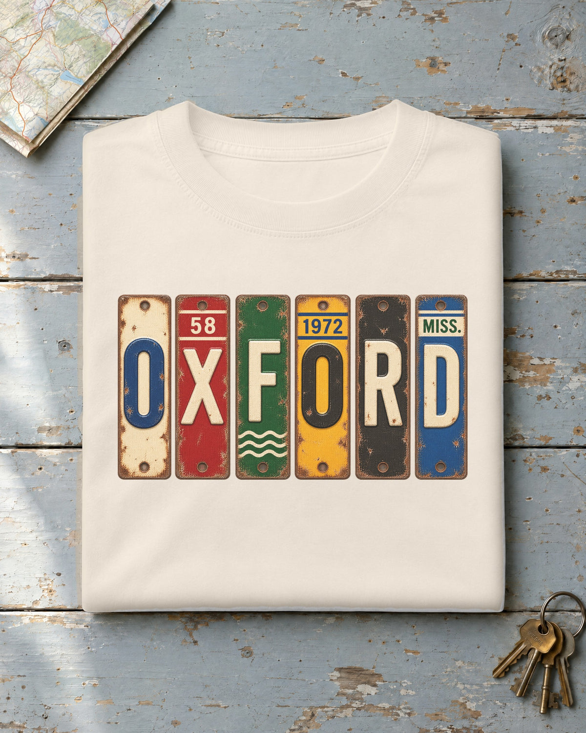 Oxford, Mississippi vintage license plate t-shirt in Ivory