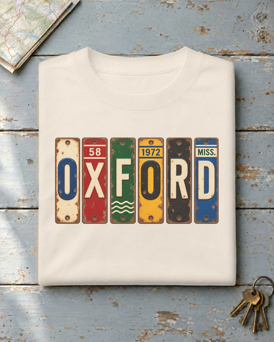 Oxford, Mississippi vintage license plate t-shirt in Ivory
