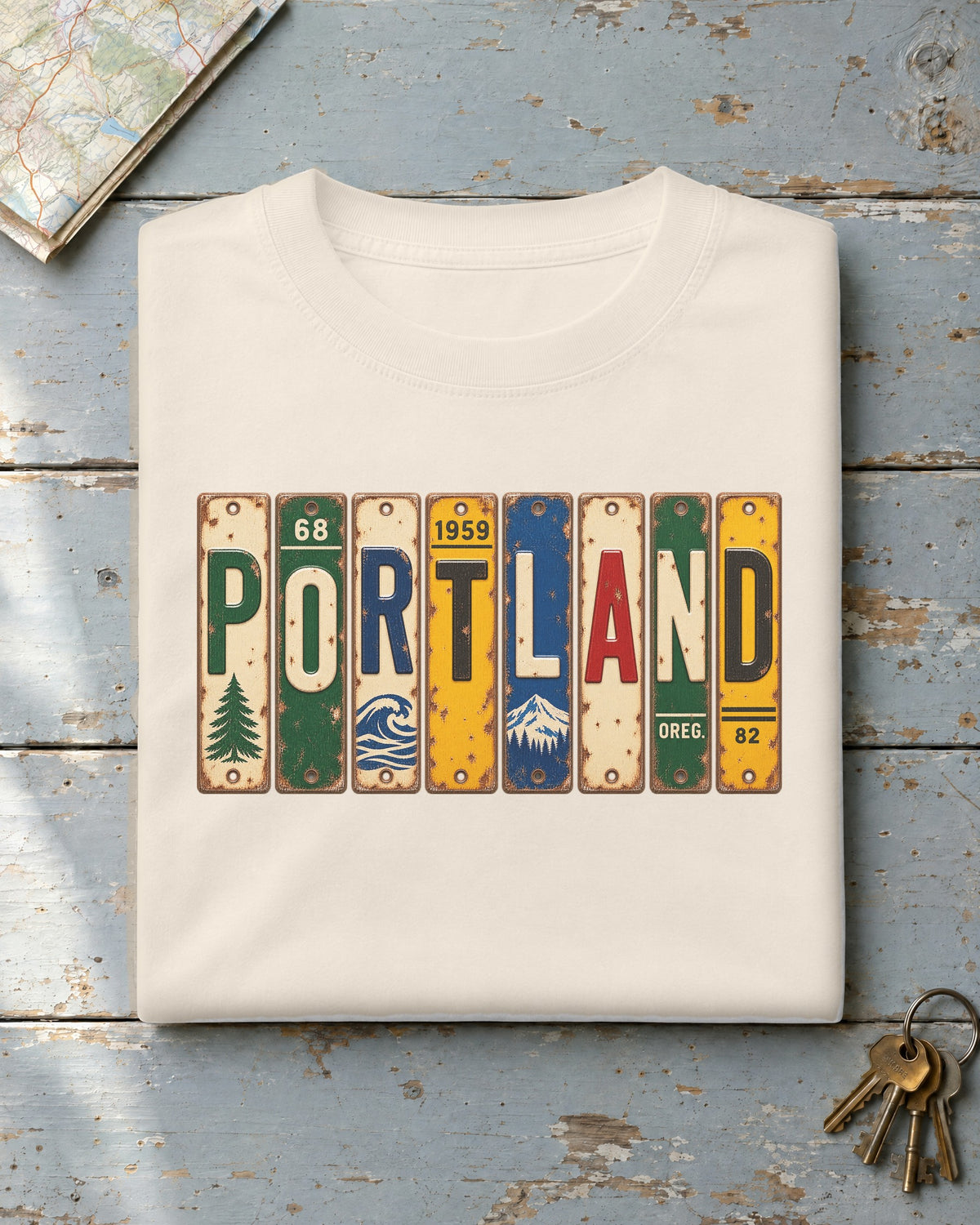 Portland, Oregon vintage license plate t-shirt in Ivory