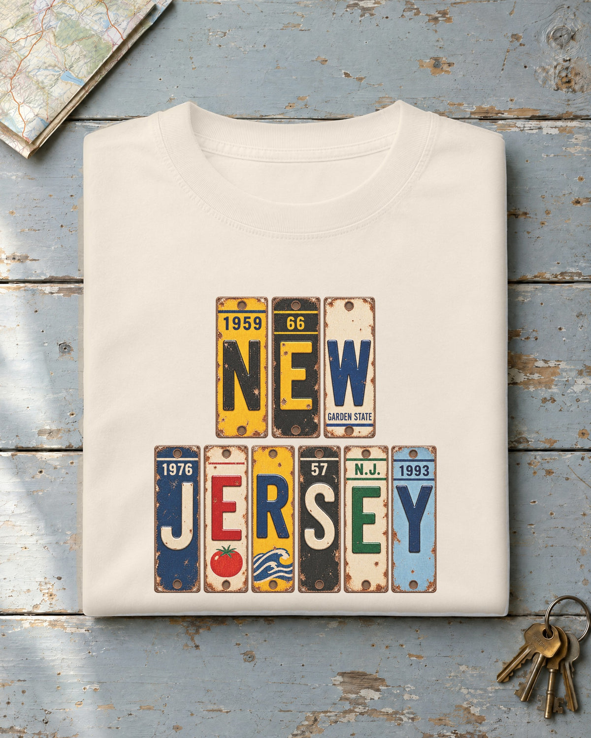 New Jersey vintage license plate t-shirt in Ivory