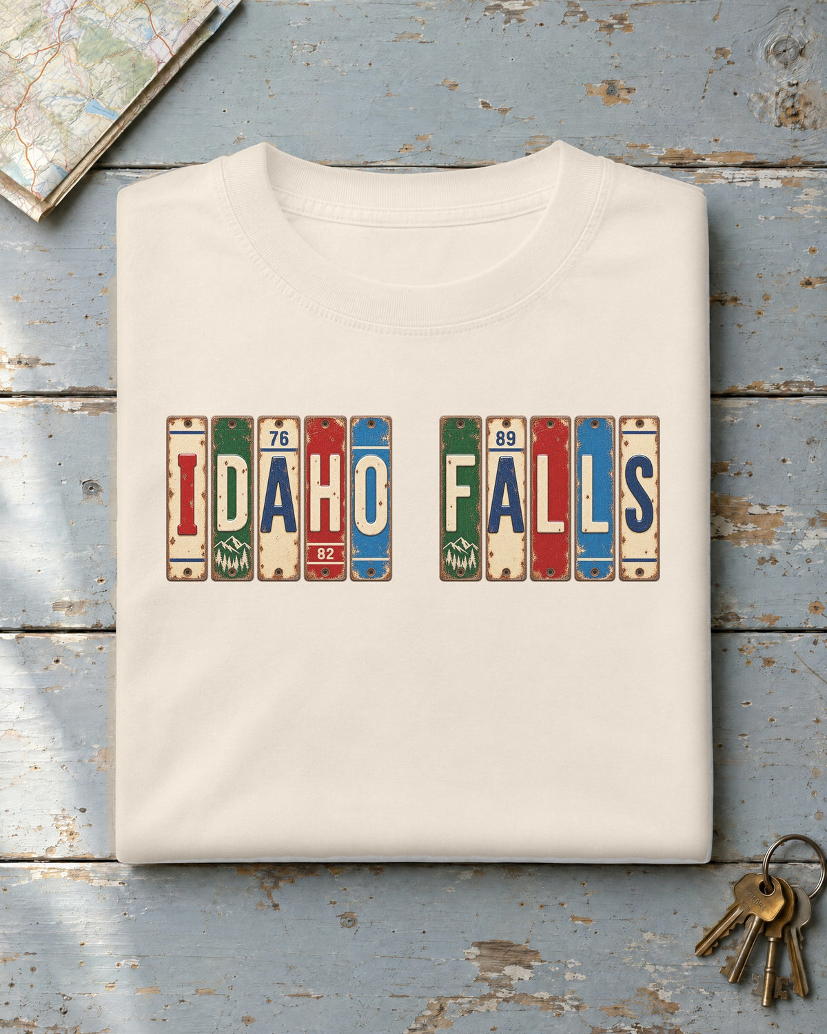 Idaho Falls, Idaho vintage license plate t-shirt in Ivory
