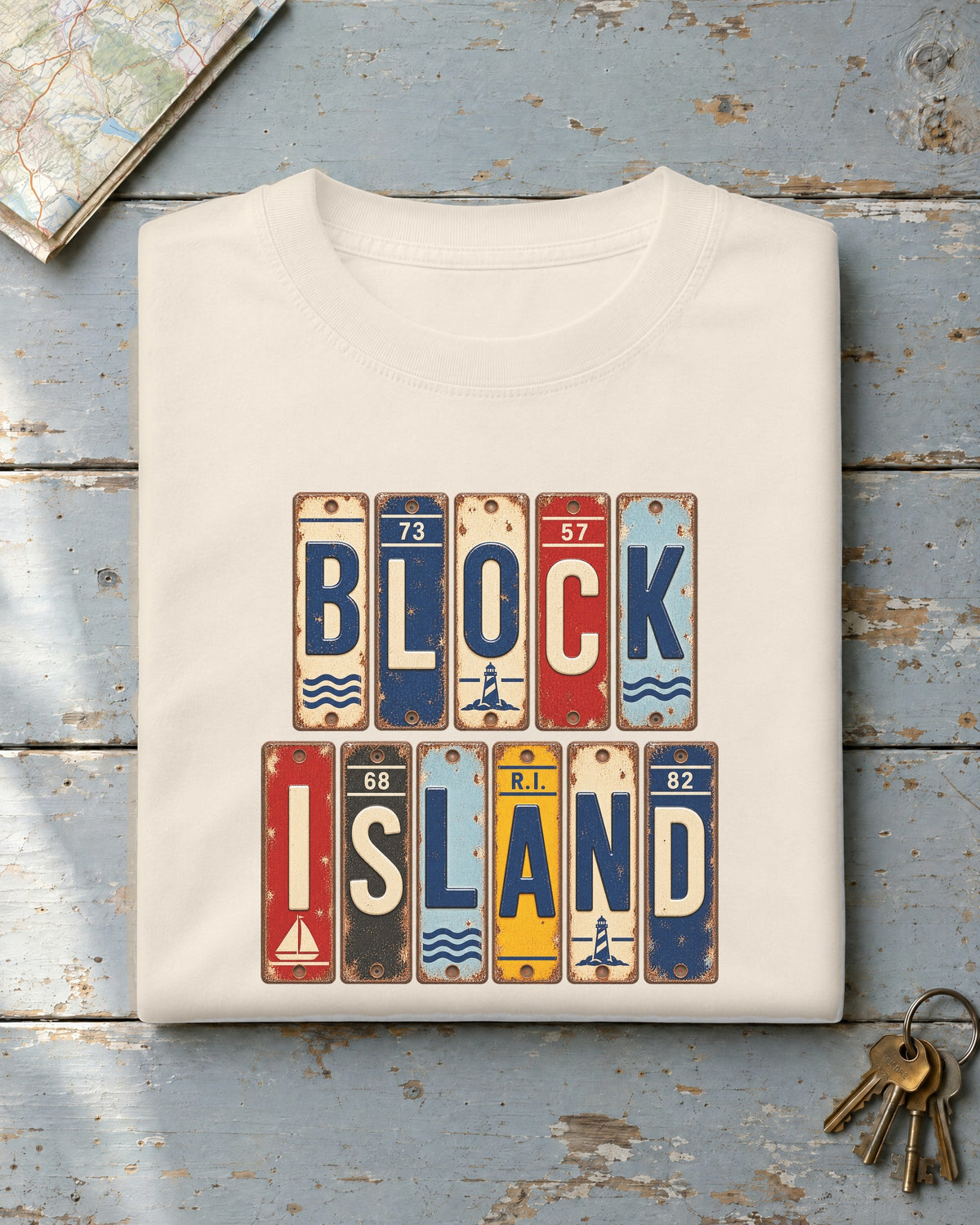 Block Island, Rhode Island vintage license plate t-shirt in Ivory