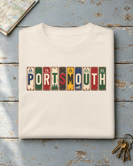 Portsmouth, New Hampshire vintage license plate t-shirt in Ivory