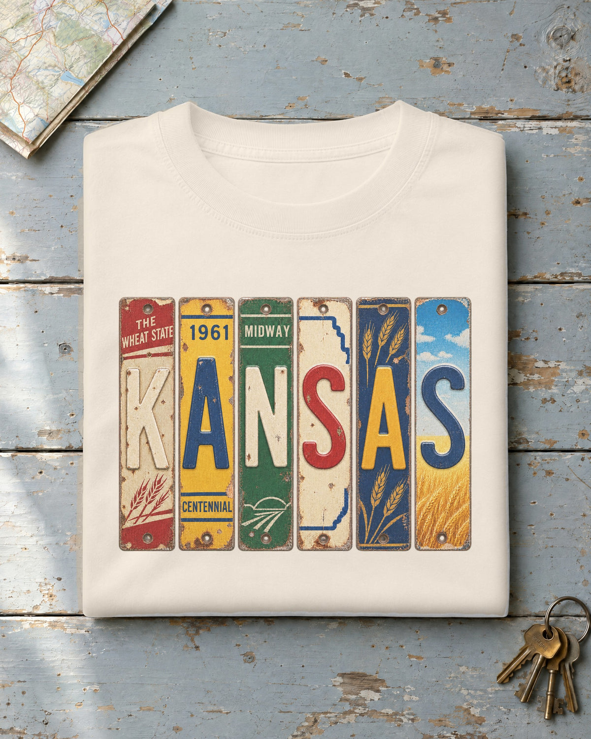 Kansas vintage license plate t-shirt in Ivory