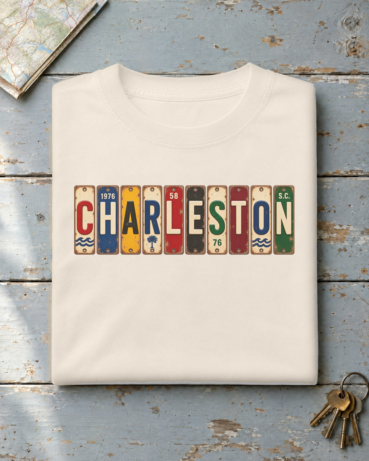 Charleston, South Carolina vintage license plate t-shirt in Ivory