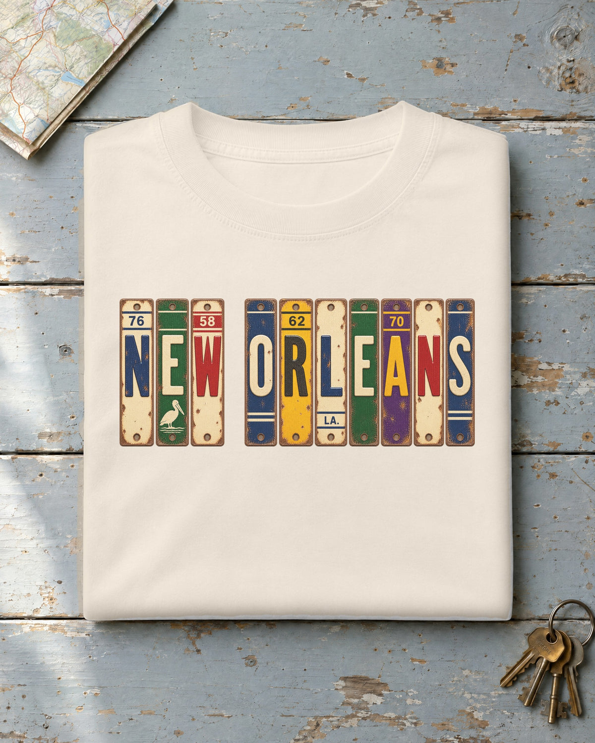 New Orleans, Louisiana vintage license plate t-shirt in Ivory
