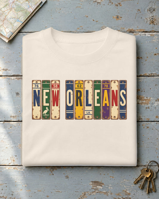 New Orleans, Louisiana vintage license plate t-shirt in Ivory