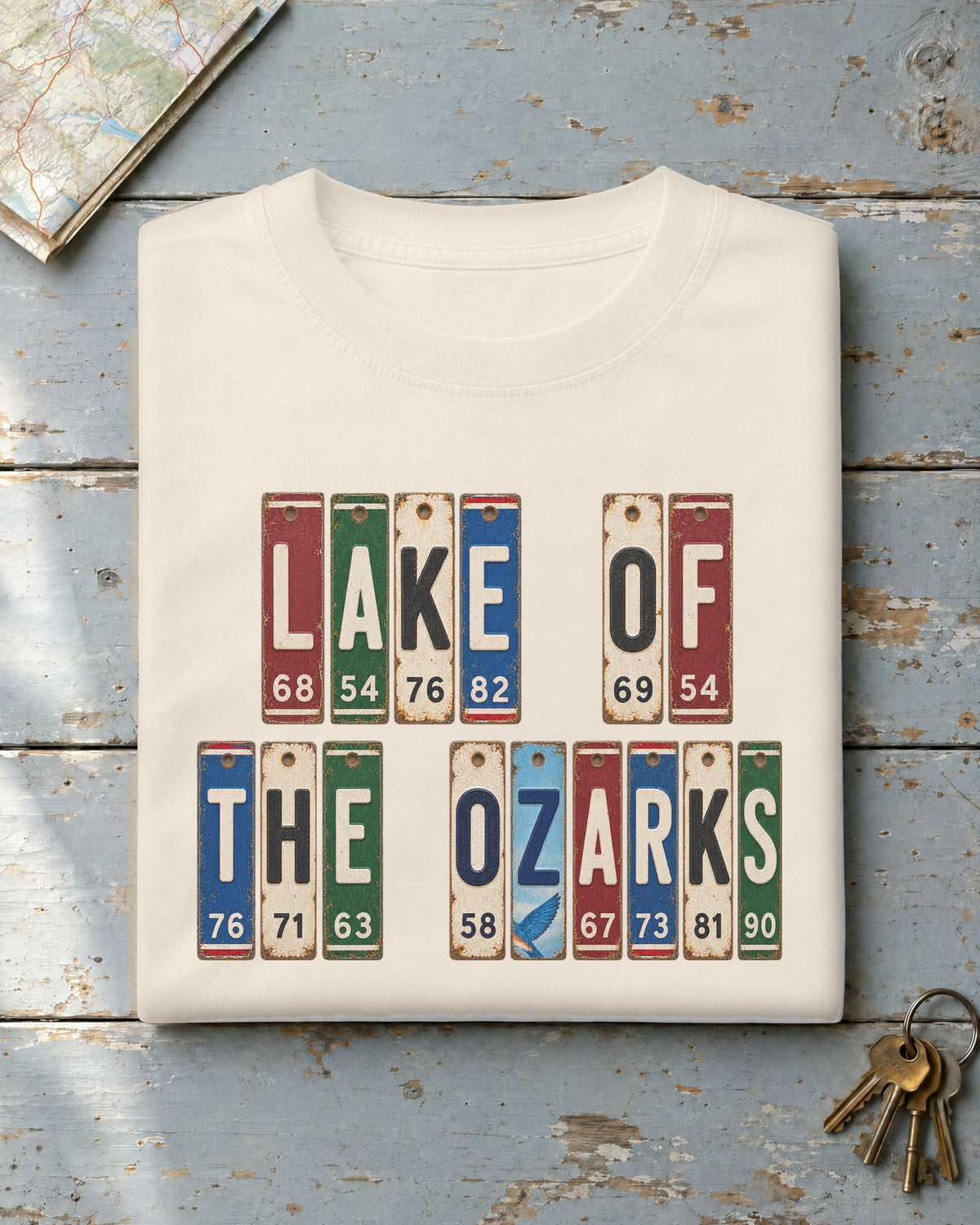 Lake of the Ozarks, Missouri vintage license plate t-shirt in Ivory