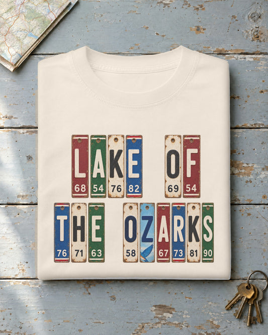 Lake of the Ozarks, Missouri vintage license plate t-shirt in Ivory