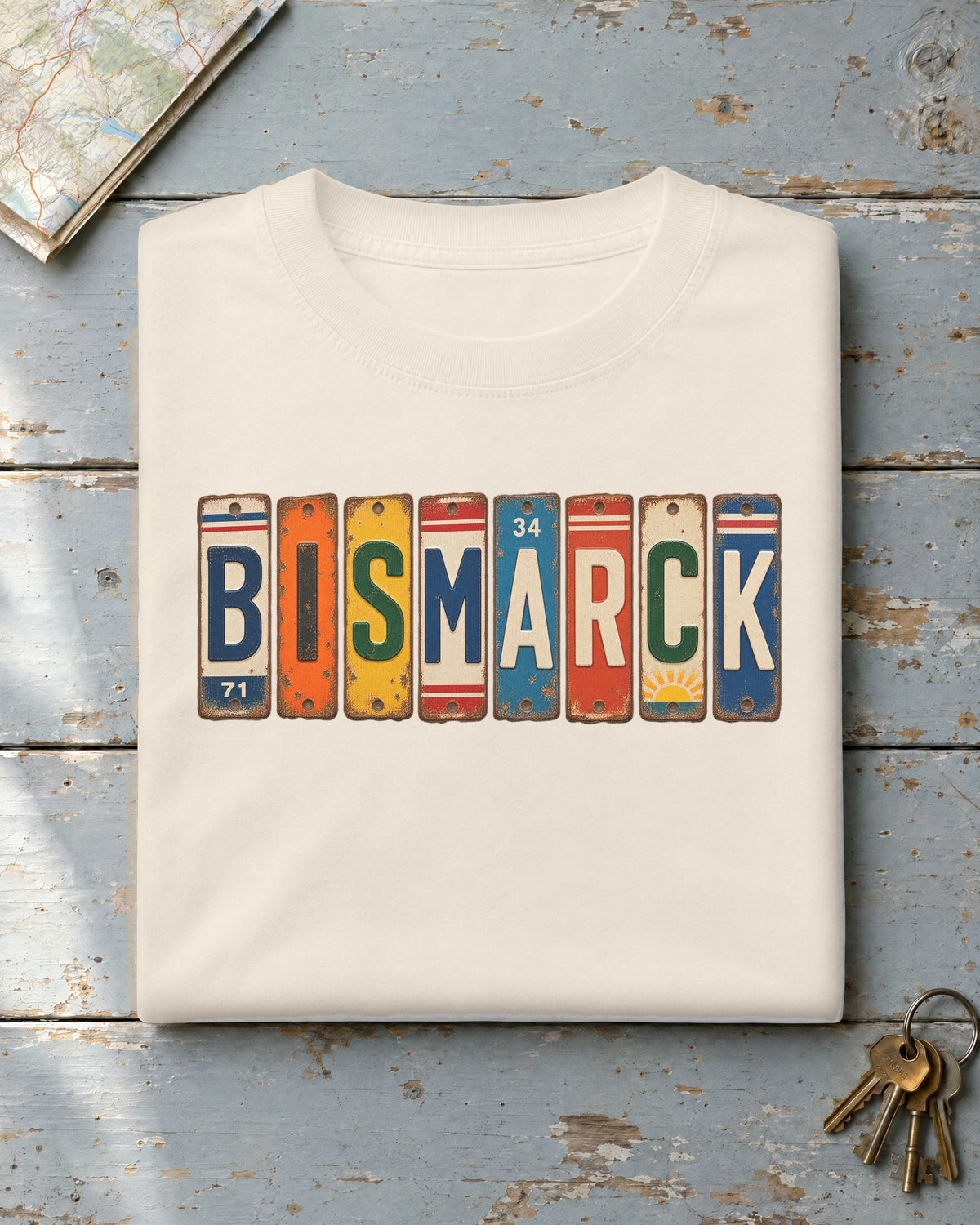 Bismarck, North Dakota vintage license plate t-shirt in Ivory