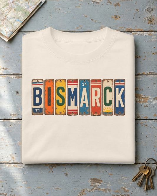 Bismarck, North Dakota vintage license plate t-shirt in Ivory