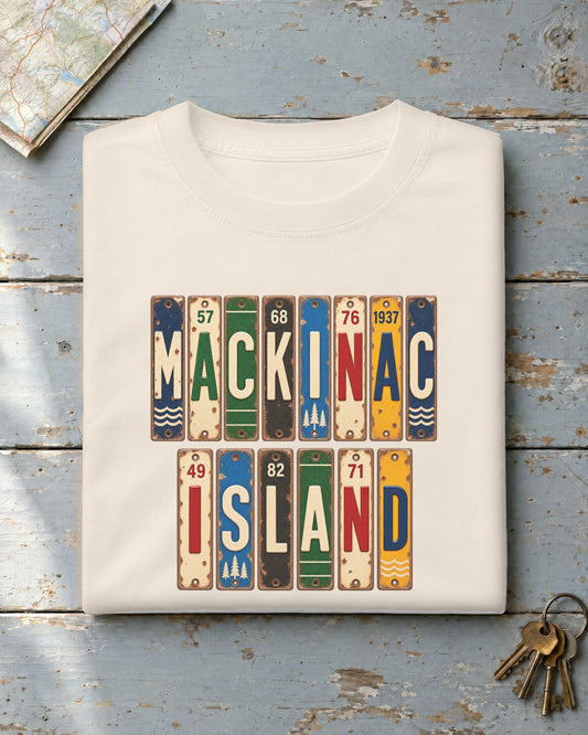 Mackinac Island, Michigan vintage license plate t-shirt in Ivory