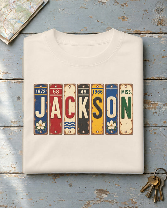 Jackson, Mississippi vintage license plate t-shirt in Ivory