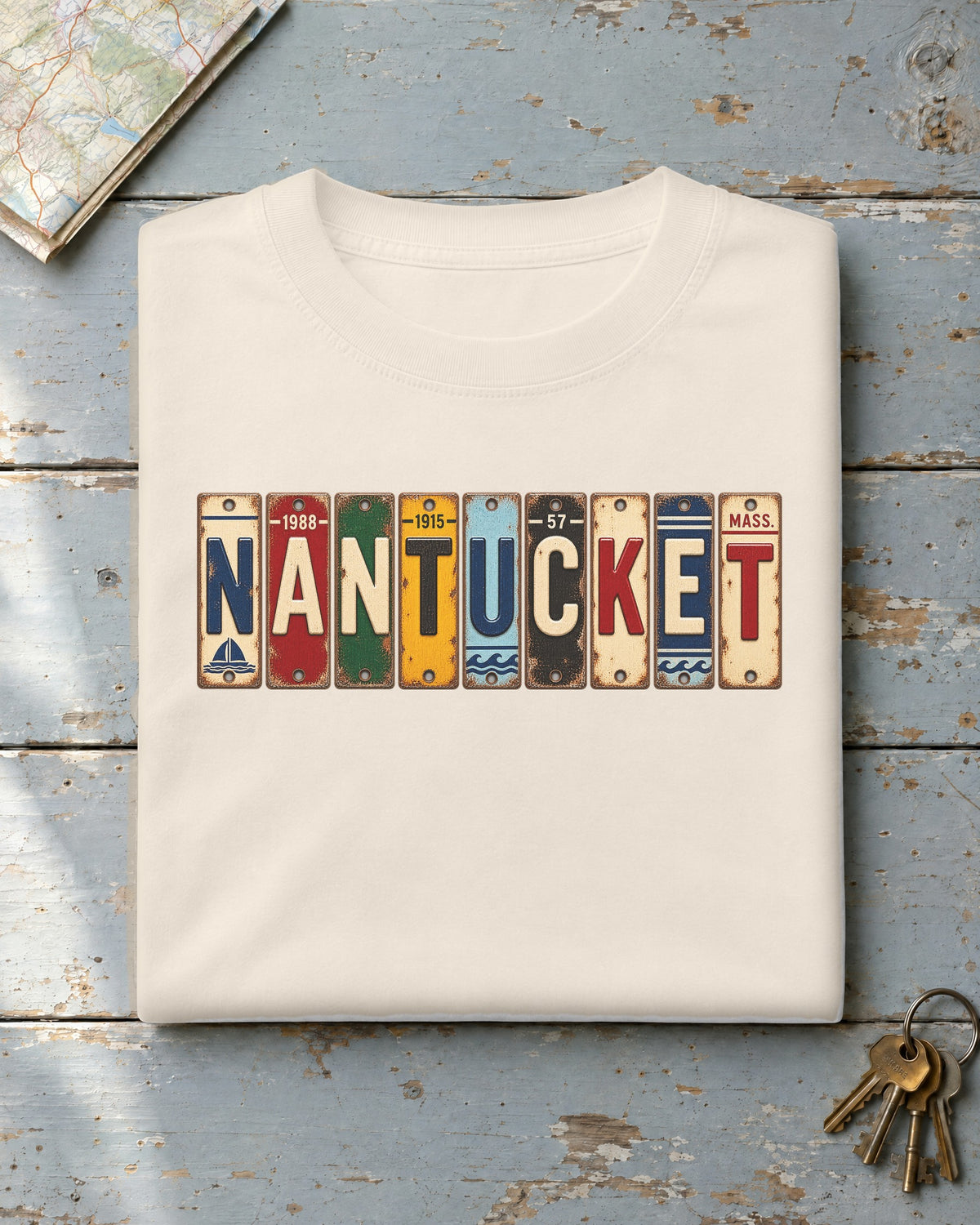 Nantucket, Massachusetts vintage license plate t-shirt in Ivory