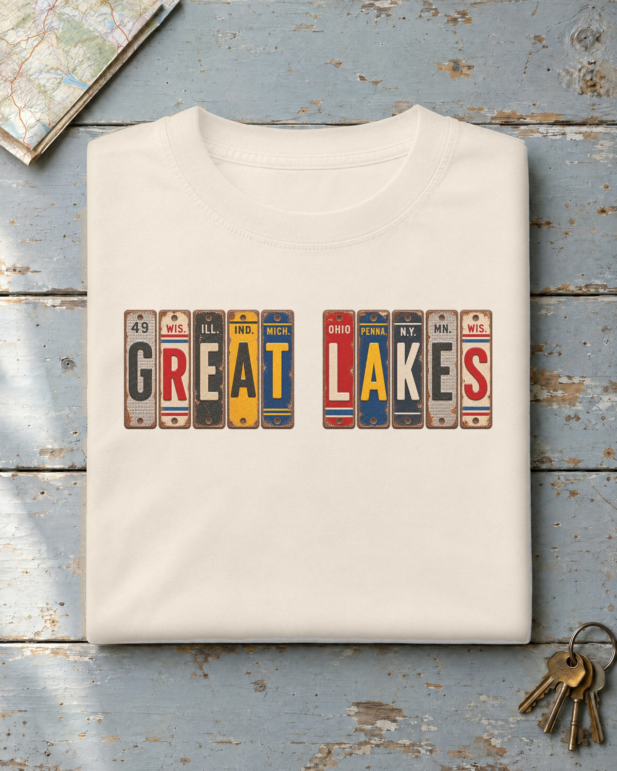 Great Lakes vintage license plate t-shirt in Ivory