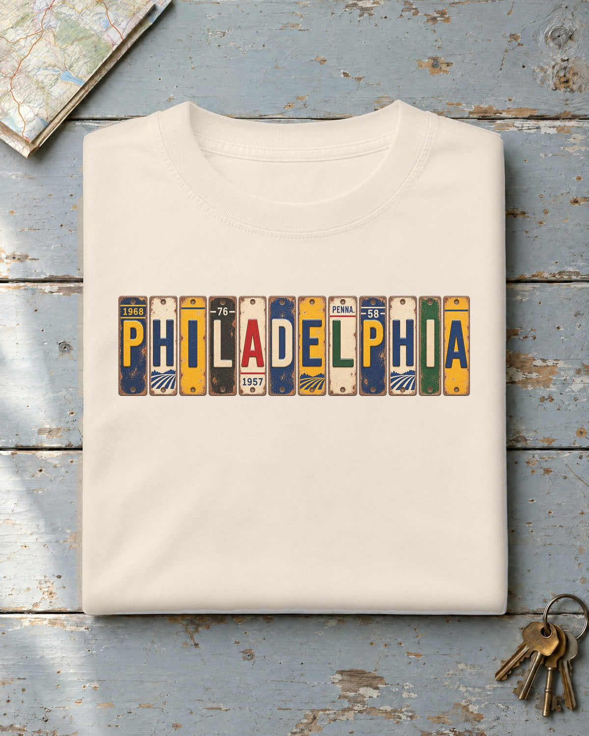 Philadelphia, Pennsylvania vintage license plate t-shirt in Ivory