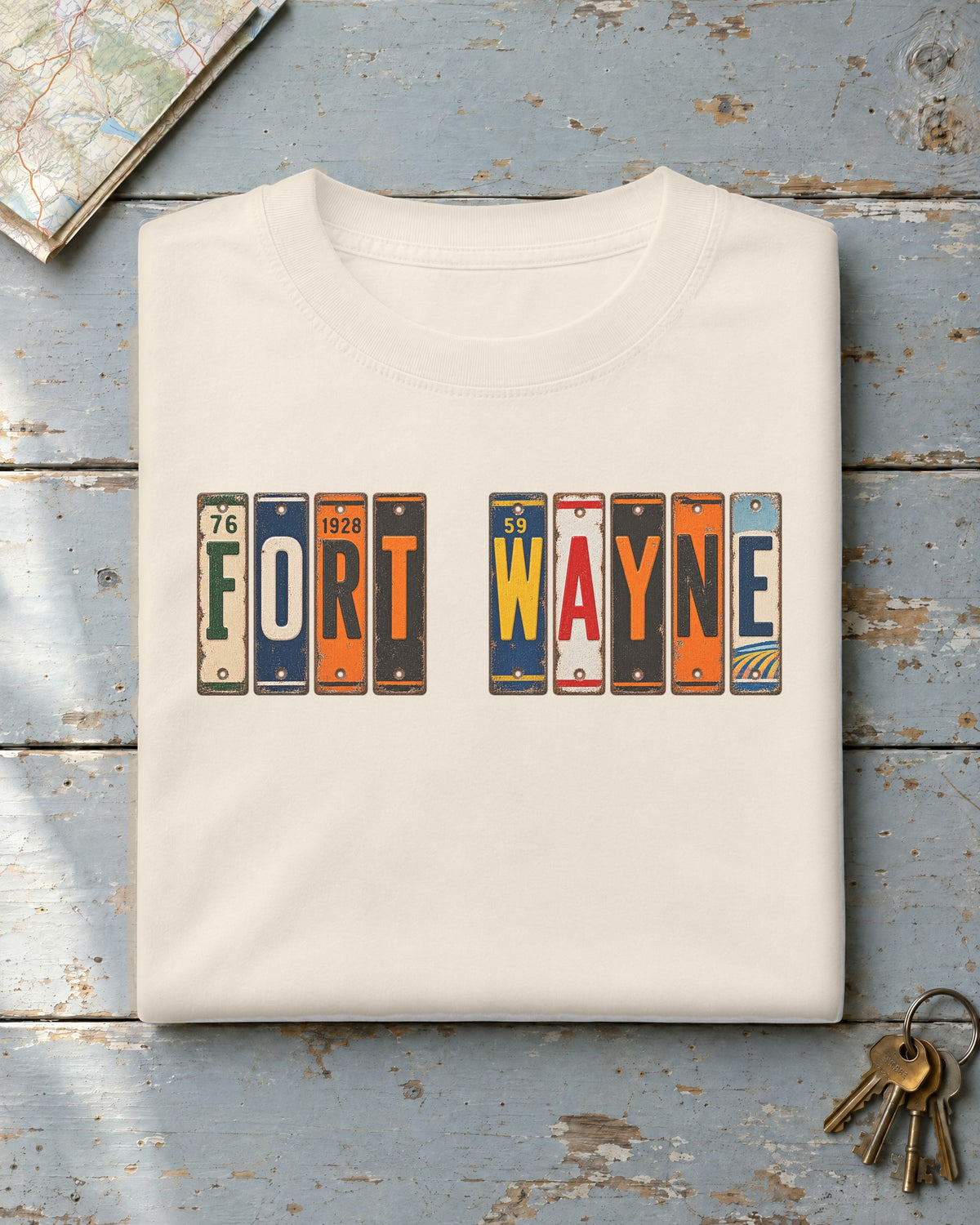 Fort Wayne, Indiana vintage license plate t-shirt in Ivory