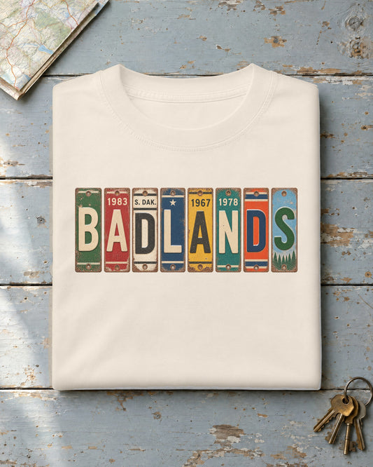 Badlands, South Dakota vintage license plate t-shirt in Ivory