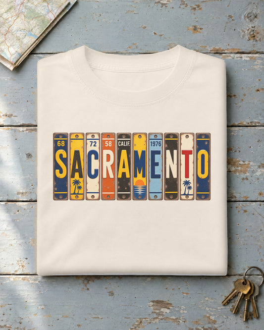Sacramento, California vintage license plate t-shirt in Ivory