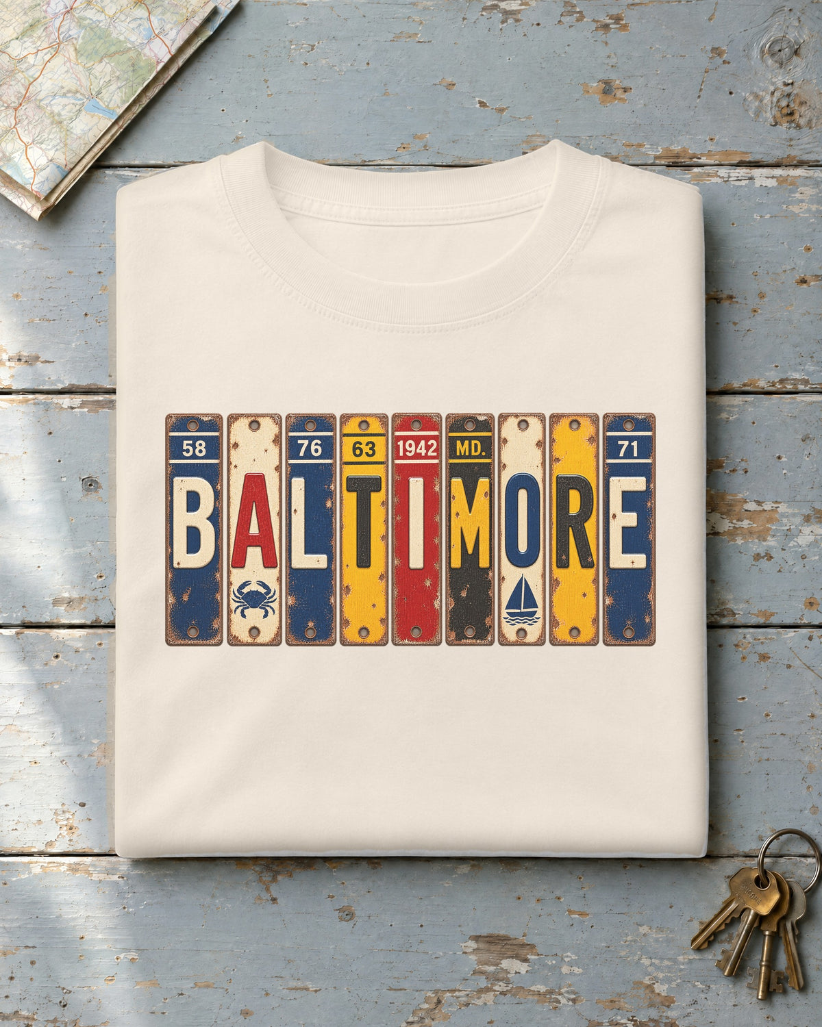Baltimore, Maryland vintage license plate t-shirt in Ivory