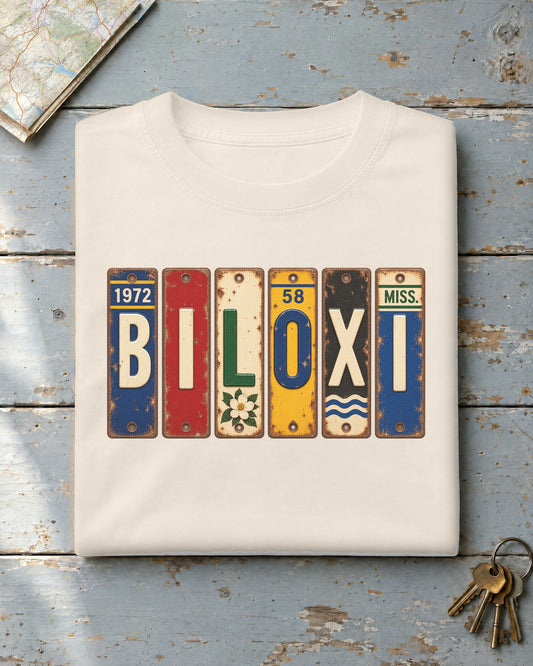 Biloxi, Mississippi vintage license plate t-shirt in Ivory