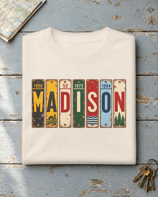 Madison, Wisconsin vintage license plate t-shirt in Ivory