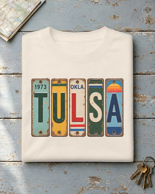 Tulsa, Oklahoma vintage license plate t-shirt in Ivory