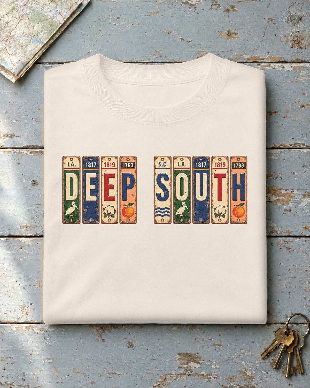 Deep South vintage license plate t-shirt in Ivory