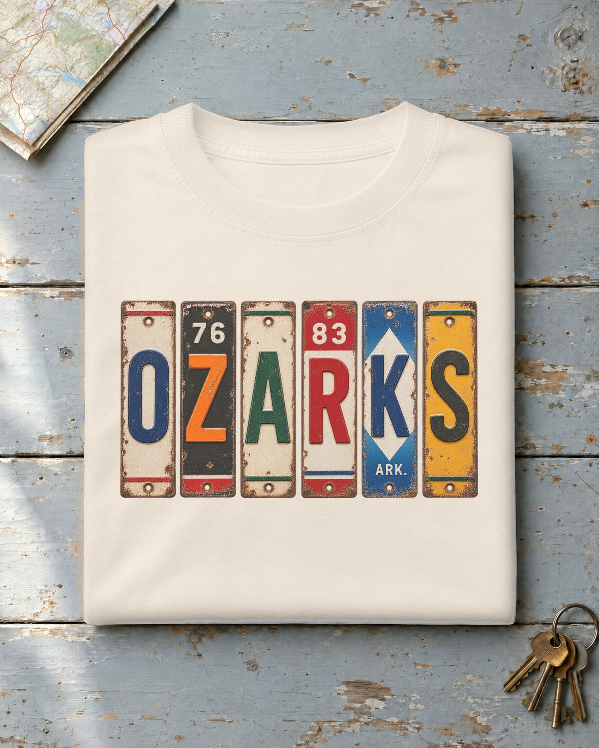 Ozarks, Arkansas vintage license plate t-shirt in Ivory