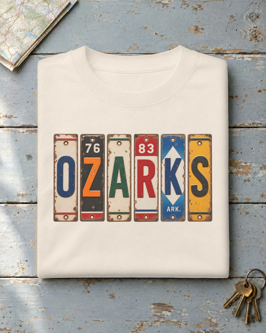 Ozarks, Arkansas vintage license plate t-shirt in Ivory