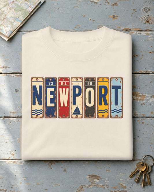Newport, Rhode Island vintage license plate t-shirt in Ivory
