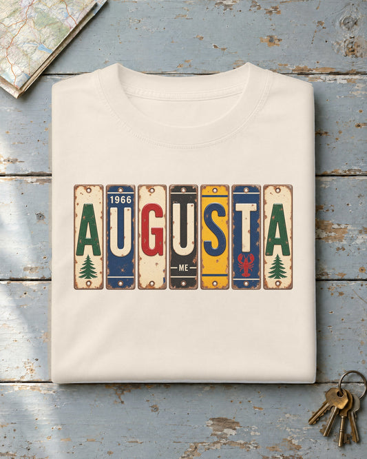 Augusta, Maine vintage license plate t-shirt in Ivory