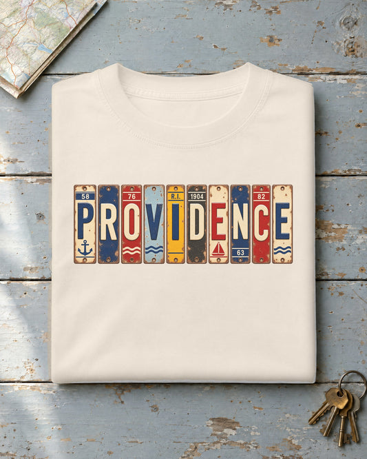 Providence, Rhode Island vintage license plate t-shirt in Ivory