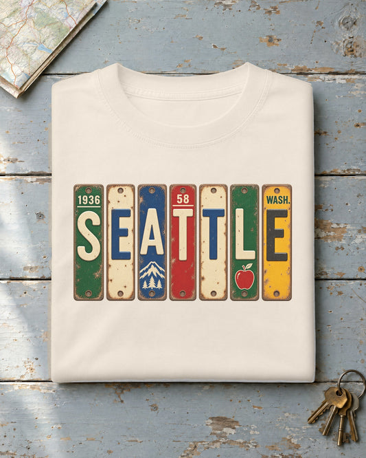 Seattle, Washington vintage license plate t-shirt in Ivory