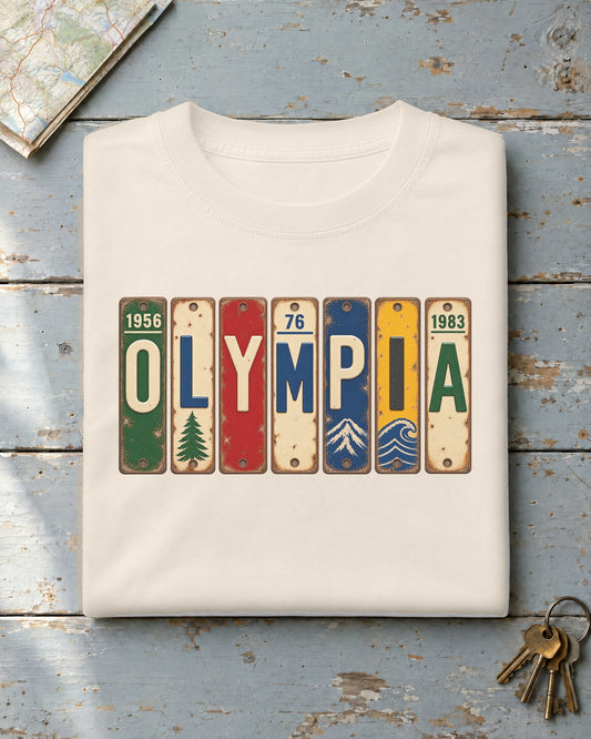 Olympia, Washington vintage license plate t-shirt in Ivory