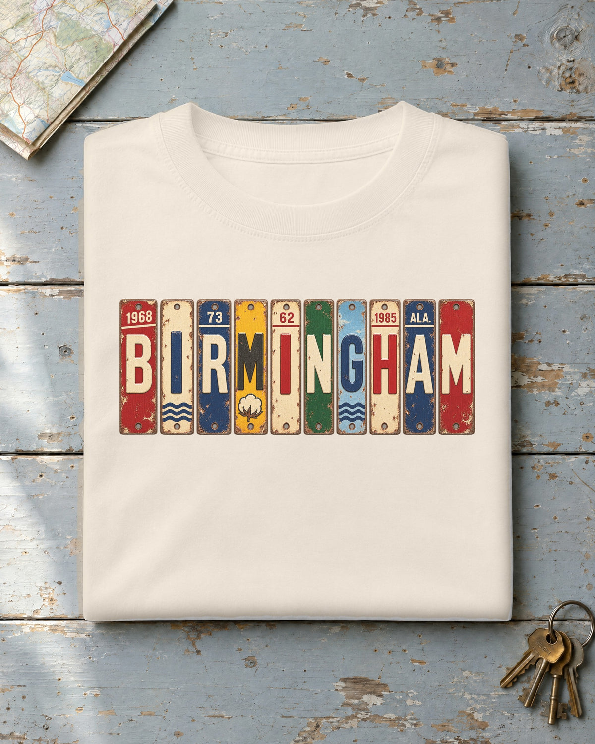 Birmingham, Alabama vintage license plate t-shirt in Ivory