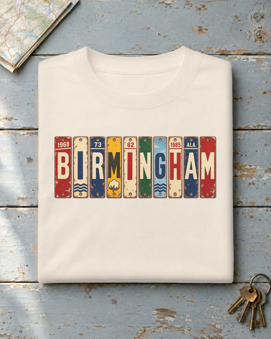 Birmingham, Alabama vintage license plate t-shirt in Ivory