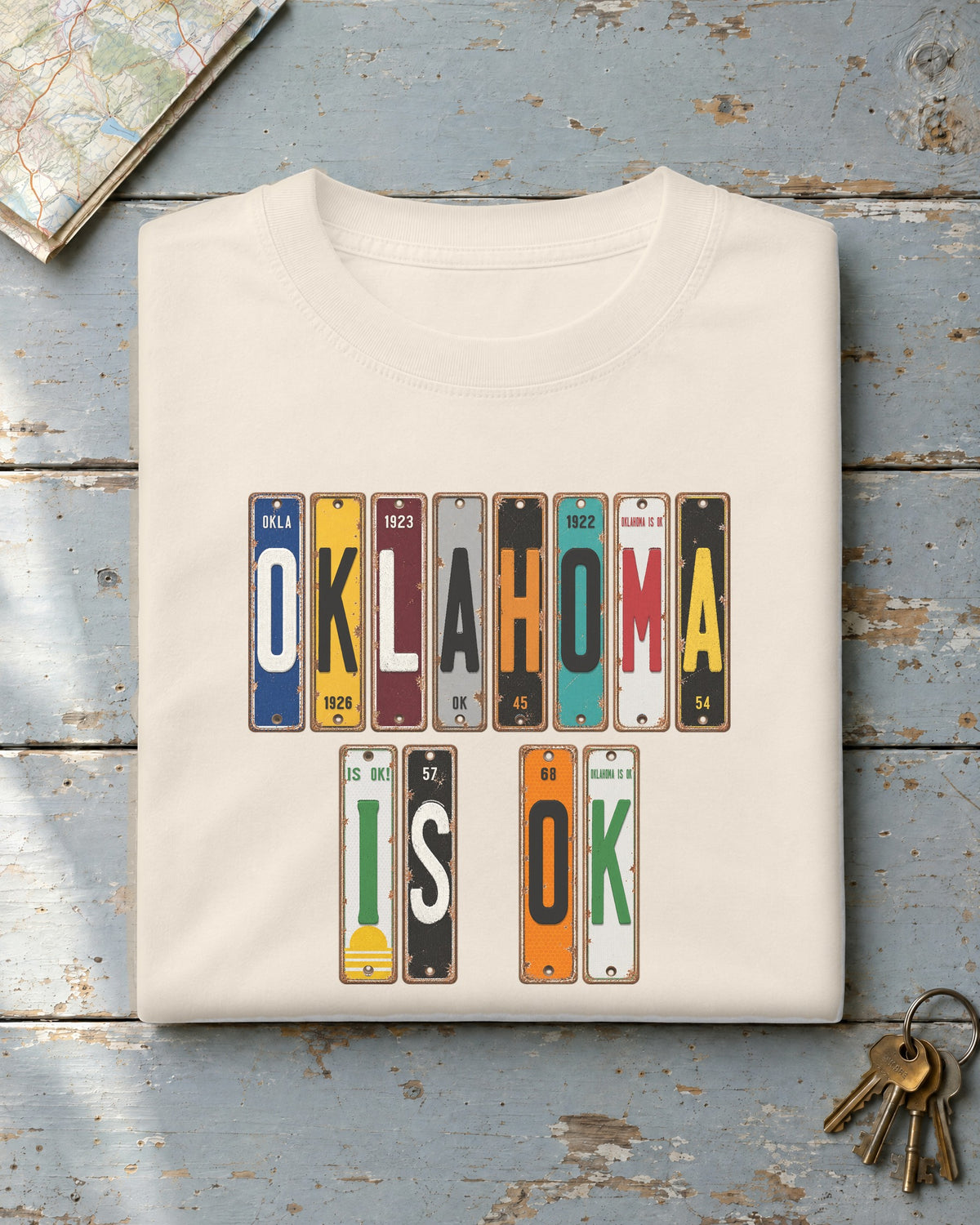 Oklahoma Is OK vintage license plate t-shirt in Ivory