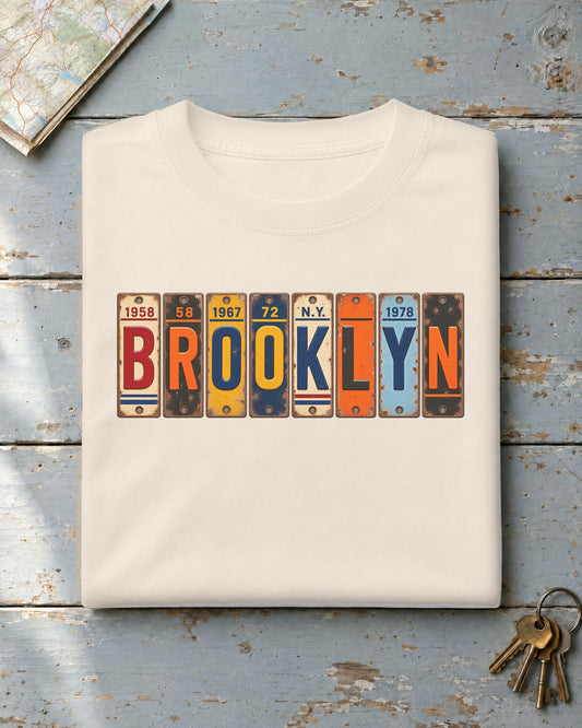 Brooklyn, New York vintage license plate t-shirt in Ivory