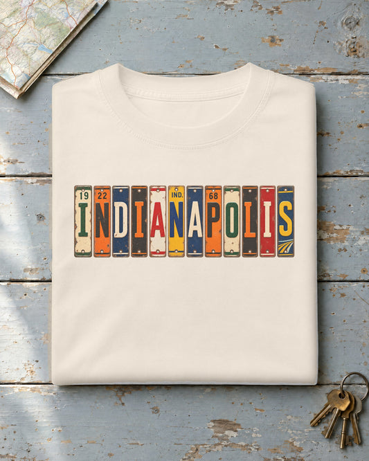 Indianapolis, Indiana vintage license plate t-shirt in Ivory