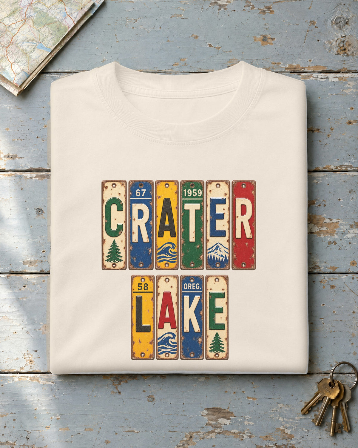 Crater Lake, Oregon vintage license plate t-shirt in Ivory